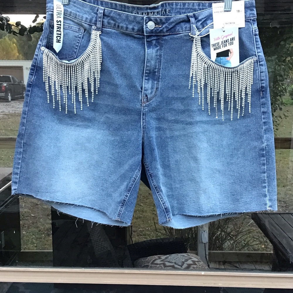 Gemma Rae Light Blue Hi-Rise 90’s Bermuda Jean Shorts with Rhinestone Fringe